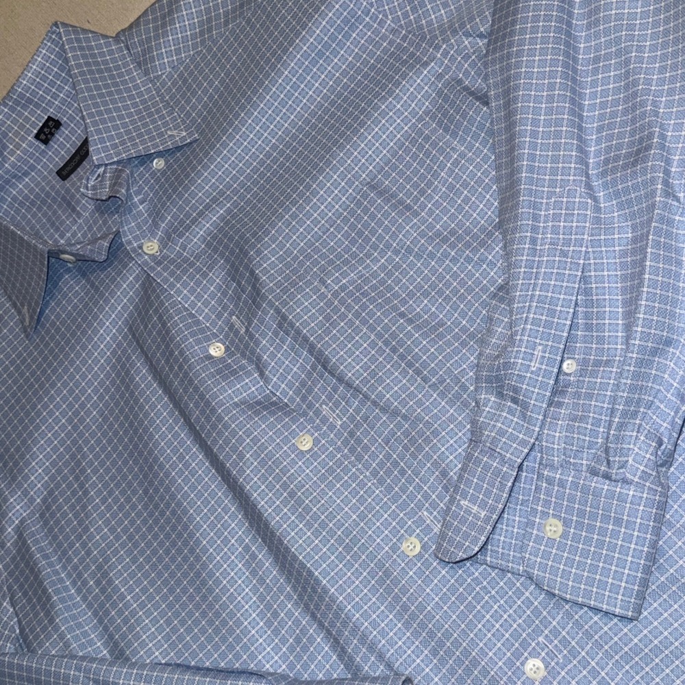Bergdorf Goodman Mens Blue Grid Check Cotton Dress Shirt Made in Italy Size M